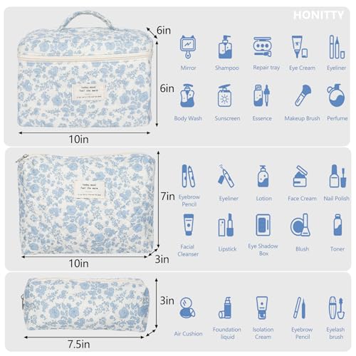 Makeup Bag,Quilted Cosmetic Bag,Large Floral Make Up Bag for Women,Cotton Makeup Bag Set,Flower Travel Toiletry Bag - color: Blue-White