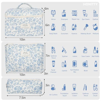 Makeup Bag,Quilted Cosmetic Bag,Large Floral Make Up Bag for Women,Cotton Makeup Bag Set,Flower Travel Toiletry Bag - color: Blue-White