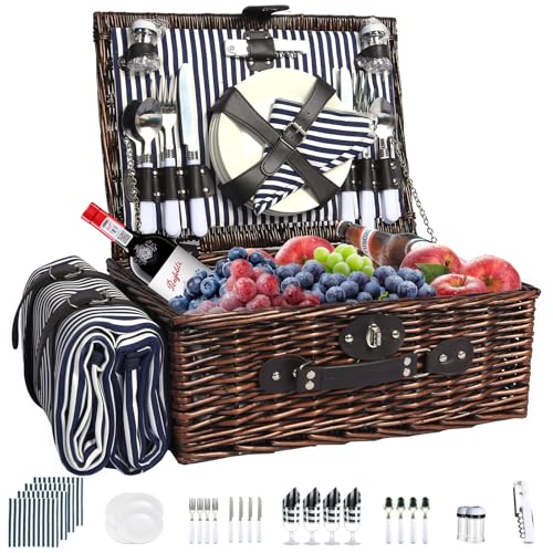 Picnic Basket Set for 4 with Waterproof Blanket Mat Insulation Bag Wicker Navy Blue Vintage Classic Gift for Christmas Thanksgiving Wedding Birthday Camp Outdoor Beach Travel - color: Blue and White Stripes