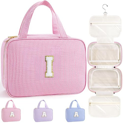 TOPEAST Travel Toiletry Bag for Women - Hanging Toiletry Bag Initial Makeup Bag, Portable Toiletries Cosmetic Bag, Airplane Travel Essentials - Letter I, Pink - color: Pink, style: I