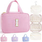 TOPEAST Travel Toiletry Bag for Women - Hanging Toiletry Bag Initial Makeup Bag, Portable Toiletries Cosmetic Bag, Airplane Travel Essentials - Letter I, Pink - color: Pink, style: I