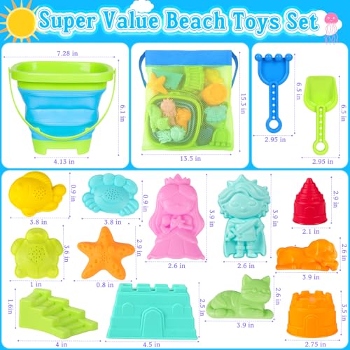 Collapsible Beach Toys for Kids Toddlers, Foldable Sand Bucket and Shovels Set with Mesh Bag & Sand Castle Building Kit, Travel Sand Toys for Beach Essentials, Sandbox Toys for Baby Kids Age 3-10