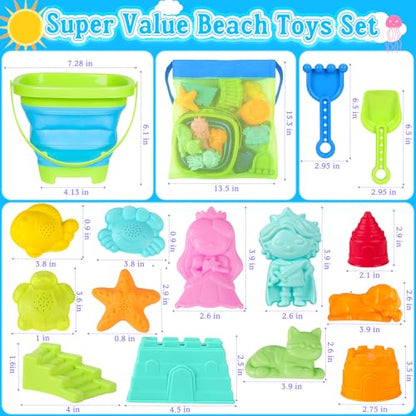 Collapsible Beach Toys for Kids Toddlers, Foldable Sand Bucket and Shovels Set with Mesh Bag & Sand Castle Building Kit, Travel Sand Toys for Beach Essentials, Sandbox Toys for Baby Kids Age 3-10