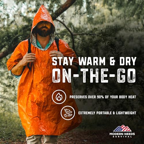 MODERN NEEDS Emergency Survival Jacket – Disposable Rain Ponchos for Adults with Hood | Waterproof Poncho for Men & Women | Compact Emergency Rain Gear for Camping, Travel & Outdoor Survival Kits