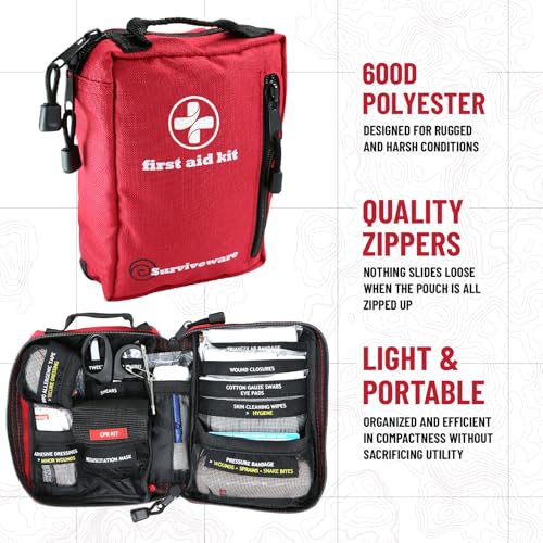 Surviveware 98 Pcs Comprehensive Premium Survival First Aid Kit - Medical Emergency Kit for Travel Camping Gear, Home Essentials & Outdoor Emergencies - HSA & FSA Eligible Survival Kit - style: Travel