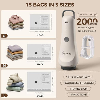 Travel Vacuum Bags for Clothes with Cordless Pump - 15 Pack Reusable Compression Packing, Save 80% Luggage for Suitcase Carry-On & Bedding (15 Combo Travel Size) - size: 15 Combo Travel Size