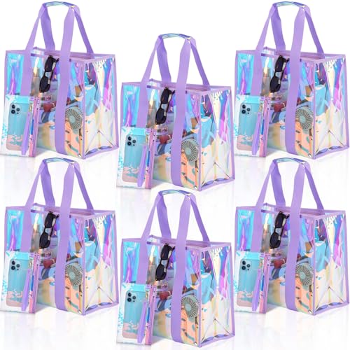 Hsei 6 Pcs Clear Iridescent Beach Bag with Phone Pouch for Women Beach Travel Large Waterproof Tote Bags for Vacation Picnic - color: Iridescent Purple