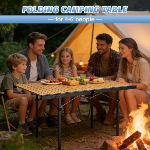 29.9" Tall Folding Camping Table for 2-6 Person, 54.7" Large Aluminum Foldable Roll-up Table Outdoor with Carry Bag for Picnic, Camp, Sturdy, Backyard, Patio - color: Natural