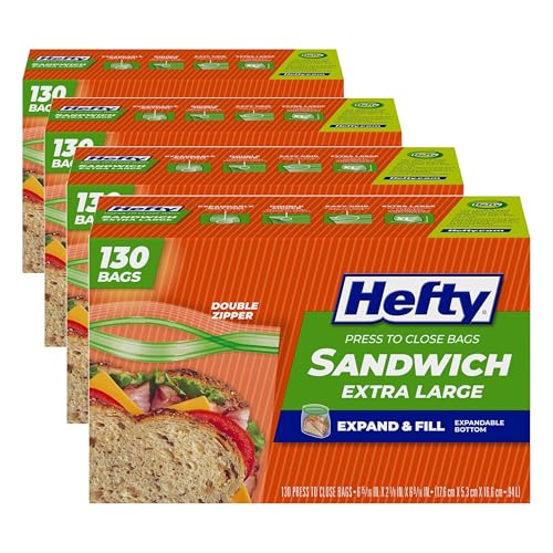 Hefty XL Press to Close Plastic Sandwich Expand and Fill Food Storage Bags, 130 Count (Pack of 4) - size: Sandwich (Pack of 4), style: 130 Count