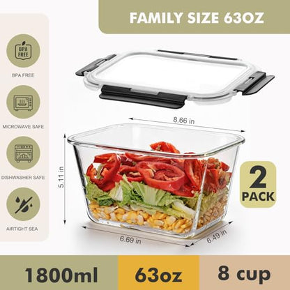Liuruiyu 2 Pack Large Glass Food Storage Containers with Lids, 63oz Big Meal Prep Containers, Airtight Bento Boxes with Leak Proof Locking for Microwave, Oven, Freezer and Dishwasher, BPA Free - color: 2 Pack-63oz
