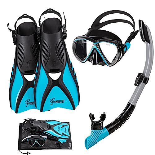 Seavenger Hanalei Anti-Fog 4-Piece Snorkeling Set with Soft-Flex Dry Snorkel, Adjustable Open-Heel Fins, Twin-Lens Mask, and Mesh Bag - color: Blue Gray, size: Medium