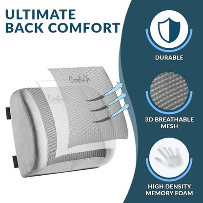 ComfiLife Lumbar Support Back Pillow Office Chair and Car Seat Cushion - Memory Foam with Adjustable Strap and Breathable 3D Mesh (Gray) - color: Grey