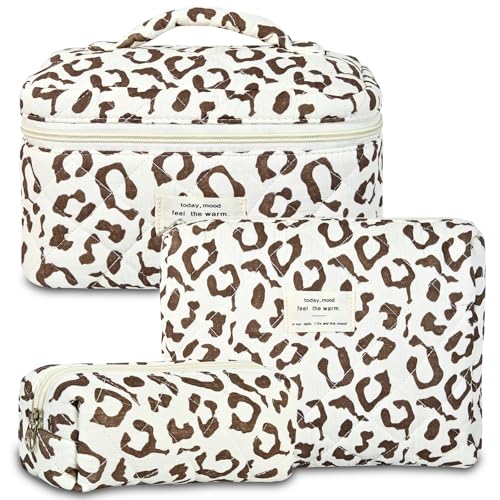 GISMTR 3Pcs Makeup Bag Cotton Quilted Travel Cosmetic Bag Cute Floral Makeup Pouch Large Toiletry Bag for Women Girls - color: Coffee leopard print