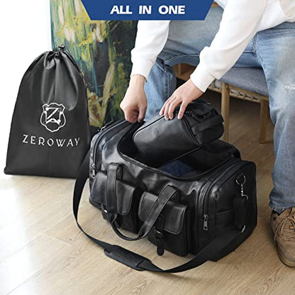 Zeroway PU Leather Travel Duffel Bag with Laundry Bag, Weekender Overnight bag Luggage Carry-On Bag with Shoe Pouch for Men or Women Black - color: Black-travel set