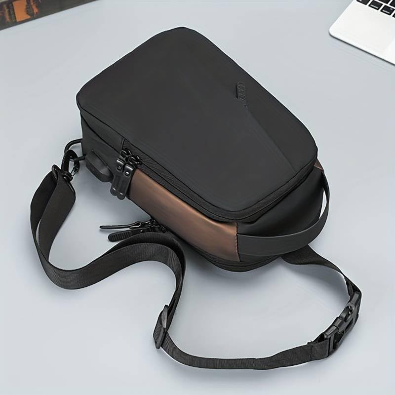 Waterproof Polyester Slim Unisex Crossbody Sling Bag Chest Backpack Men's Shoulder Bag, Leisure Travel Handbag, Hard Shell Anti-Theft Chest Bag, Black&Golden, Standard, Retro - color: Black&golden
