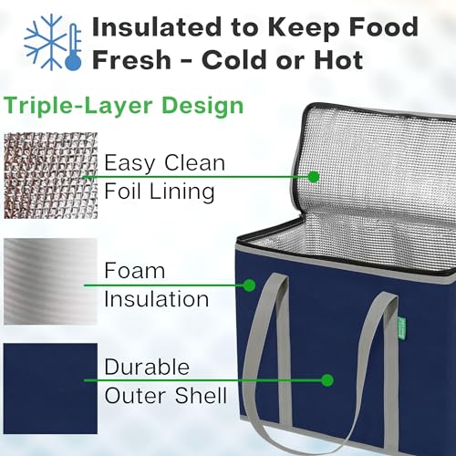 Creative Green Life XL Insulated Reusable Grocery Bags (2-Pack) - Premium Quality Cooler Bags with Hard Bottom Insert, Stands Upright, Washable - color: Navy Blue