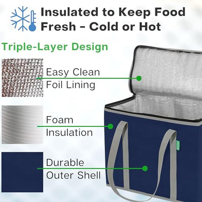 Creative Green Life XL Insulated Reusable Grocery Bags (2-Pack) - Premium Quality Cooler Bags with Hard Bottom Insert, Stands Upright, Washable - color: Navy Blue