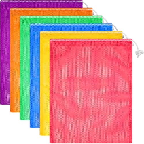 Frienda 6 Pieces Mesh Stuff Sack, 11 x 15 Inch Durable Nylon Drawstring Laundry Bag for Rinsing Beach Toys, Seashell Collecting, Mesh Bags for Travel(Rainbow Color) - color: Rainbow Color