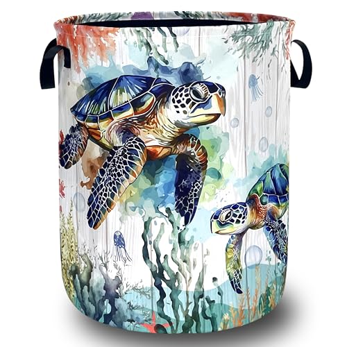 Funny Ocean Sea Turtle Laundry Basket Oxford Cloth Cute Turtles Laundry Hamper With Handle Foldable Portable Clothes Storage Basket Ocean Laundry Bag 18.9"x16.5" For Laundry Room/Bedroom/Bathrooms - color: Cute Blue Turtles Ocean Beach