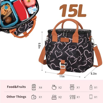 Joymee Large Insulated Lunch Bag Women Reusable Waterproof - Love Heart | Large Spacious, Cooler Lunch Bag, Adjustable Shoulder Strap, With Side Pocket, Bottle Holder, for Office Work Picnic Travel - color: Love Heart