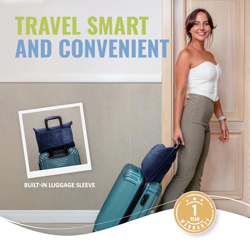 BOACAY Soft & Warm Travel Blanket for Airplane & Car - Long Flight Essential for Women, Men, Kids - Compact Pillow with Luggage Sleeve & Backpack Clip - color: Navy Blue
