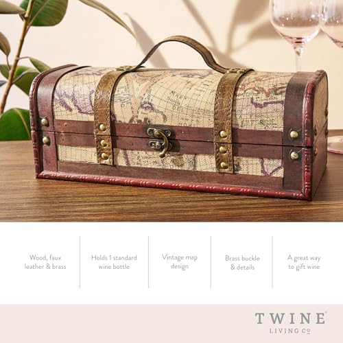 Twine Old World Wine Bottle Gift Box, Wooden Wine Box with Lid and Handle, Wood, Faux Leather, Antique Map Design, Holds 1 Bottle - size: 1 Bottle