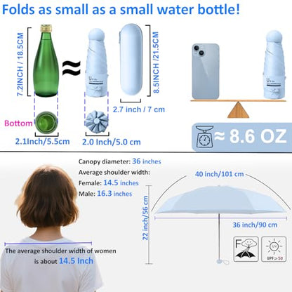 BAODINI Travel Essentials Mini Umbrella for Purse With Case Small Compact UV Sun Protection Lightweight Tiny Pocket Manual Open Close Umbrella for Women Kids and Men Fits Purse Backpack - color: C-1-Light Blue