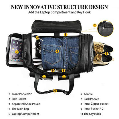Zeroway Travel Duffel Bag with Shoe Pouch, PU leather Carry on Bag Weekender Overnight Bag for Men Women Black - color: Black
