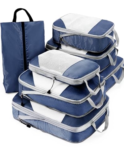 Meowoo 7 Set Compression Packing Cubes for Travel, Durable Ripstop Mesh Suitcase Organizer with Shoe Bag, Ultralight & Expandable Space Saver Travel Cubes - color: Navyblue