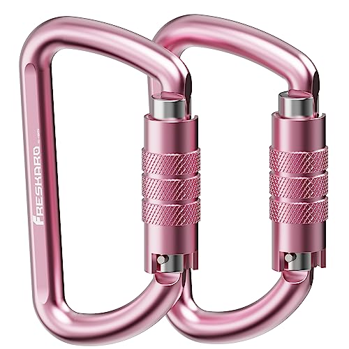 FresKaro 3inch 12kN-2698lbs Auto Locking Carabiner Clips, Solid D Shape, Heavy Duty 7075 Aluminum, Lightweight 1.09oz, Rust Proof, for Hammock, Hiking, Dog Leash, Keychain etc., Multi-Colors - color: Pink-2pcs