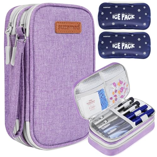 suzamed Insulin Cooler Travel Case, Double Layer Medicine Kit Diabetes Travel Case, Portable Medicine Organizer with 2Pack 150g Ice Pack TSA Approved for Insulin Pens Diabetic Supplies (Purple) - color: Purple