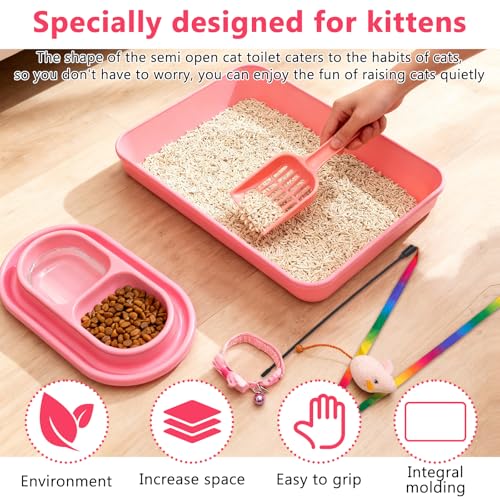 Kitten Starter Kit for Indoor Kittens, Pink Litter Box Access & Scoop, Dish Feeding Bowl, Adjustable Bell Collar, Mouse Toy - Low Entry Baby Cats Training Kits, New Kitten Essentials