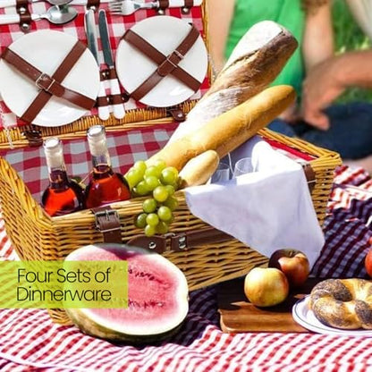 Nature Gear Picnic Basket, Wicker Basket with Handle for Outdoors, Insulated Woven Basket, Includes a Service Kit of Dinnerware & Wine Glasses, Picnic Basket Set for 4, Red & White - color: Red & White