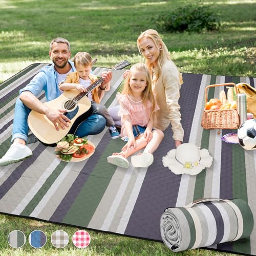 Picnic Blankets Outdoor Extra Large - 80"x80" Portable Waterproof Picnic Blanket, Machine Washable 3-Layer Foldable Picnic Mat with Sandproof Backing for Grass, Park, Hiking, Concerts (GreenStrip) - color: Green