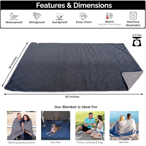 BRAWNTIDE Large Waterproof Outdoor Blanket, Extra Thick Fleece, Warm, Windproof & Sandproof, Quilted Stadium Blanket for Sports Events, Beach, Camping, Picnics, Dogs & Car, 82" x 55 - color: Gray
