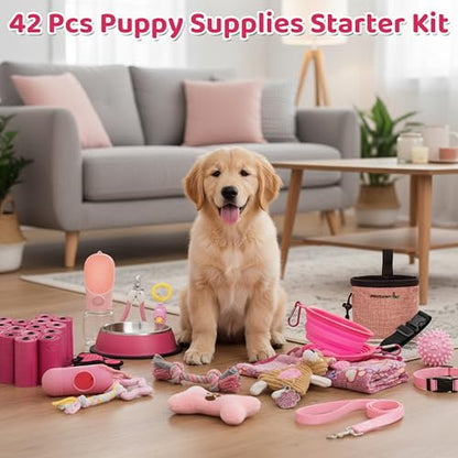 FLYSTAR Puppy Supplies Starter Kit - 42 pcs Puppy Essentials Includes Dog Squeaky Toys, Collar, Leash, Treat Bag, Poop Waste Bag, Blanket, Bowls, Water Bottles, Brush, Training Clicker and More. - color: Pink, size: 42 pcs