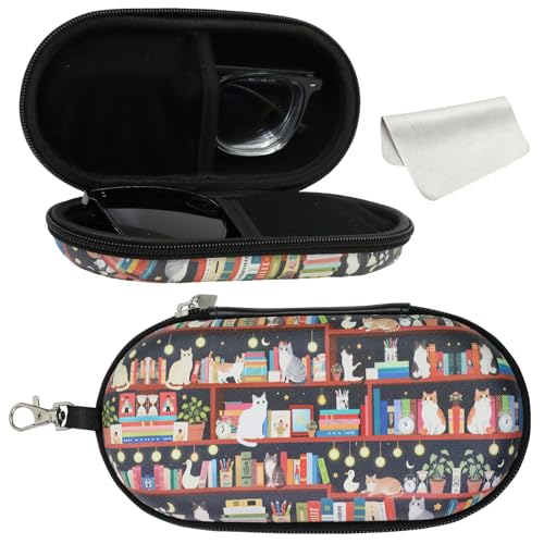 Double Eyeglasses Case, Hard Shell Dual Sunglasses Organizer with Zipper Clip Travel Glasses Storage for Women Men - color: Black Cats