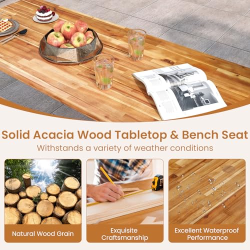 Giantex 71" Picnic Table Bench Set for 6-8, Acacia Wood Outdoor Dining Table Set, 2" Umbrella Hole, Heavy Duty Metal Frame, Footrest Bar, Large Rectangular Tabletop for Porch Patio Lawn Garden - size: 71"x30"x30"
