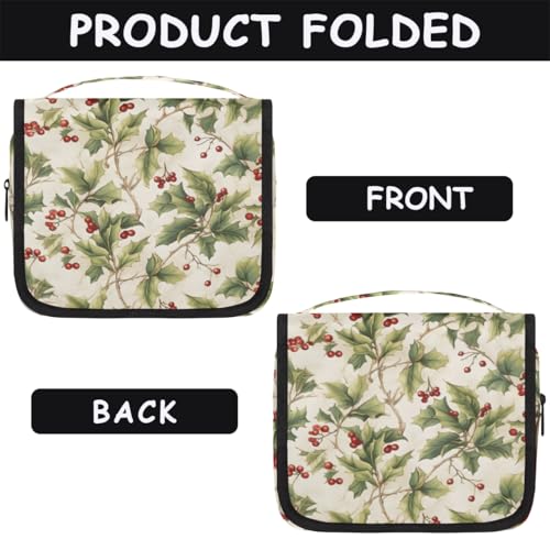 Hanging Travel Toiletry Bag for Women, Holly Berries Print Water Resistant Polyester Organizer with Hook & Handle, Large Capacity Cosmetic Bag for Travel, Gym, Camping - color: Holly Berries Print