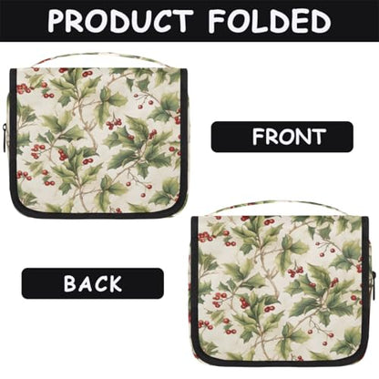 Hanging Travel Toiletry Bag for Women, Holly Berries Print Water Resistant Polyester Organizer with Hook & Handle, Large Capacity Cosmetic Bag for Travel, Gym, Camping - color: Holly Berries Print