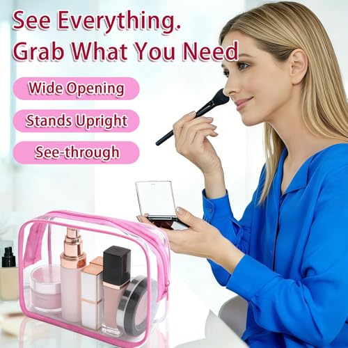 12 Pieces Clear Makeup Bags Bulk, TSA Approved Toiletry Bag PVC Cosmetic Toiletries Pouch with Zipper, Waterproof Vinyl Plastic Organizer Case for Carry-on Travel Essentials (Pink Medium) - color: 12 Medium Pink