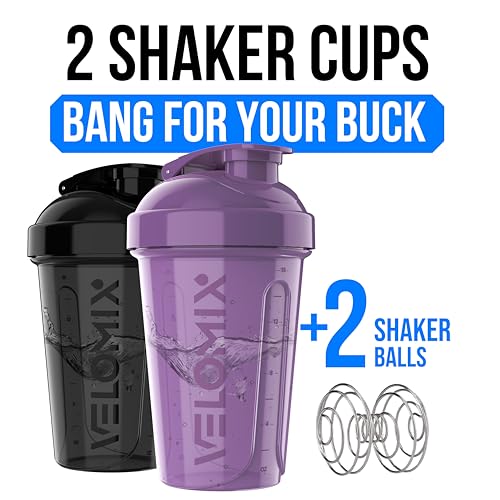 VELOMIX -2 Pack- 20 oz Protein Shaker Bottles for Protein Mixes - 2x Wire Whisk | Leak Proof Shaker Cups for Protein Shakes and Pre Workout | Protein Shaker Bottle Pack (A9) Purple/Black - color: A9) Purple / Black