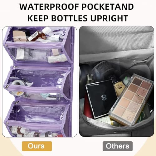 ROYALFAIR Roll Up Makeup Bag, Waterproof Toiletry Bag for Women, Hanging Travel Organizer bags with Jewelry Organizer Compartment, Extra Large 4 Clear TSA Approved Pouches Cosmetic Makeup (violet) - color: Purple