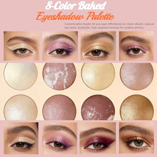 All-in-One Baked Makeup Palette,High-Pigment Eyeshadow, Blush, Bronzer & Highlighter. Buildable, Long-Lasting Formula with Rose Gold & Golden Shimmer. Travel-Friendly full face makeup palette.