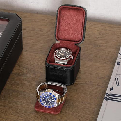 ROTHWELL Single Watch Travel Case | Compact PU Leather Protective Box with Microsuede Interior | Fits Watches & Smartwatches Up to 55mm (Black/Red) - color: Black/Red