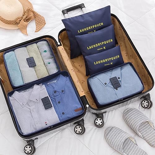 6 Set Packing Cubes for Travel Luggage Packing Bags Reusable Waterproof Suitcase Organizer Bags Set with Shoe Bag and Toiletry Bag (Navy Blue) - color: Navy Blue