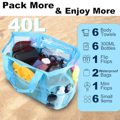 CaCTOUR Large Beach Bag Women,Beach Bags Waterproof Sandproof with Zipper Wet Pocket,Beach Tote Pool Bag for Swim Gym Travel - color: Mesh Blue