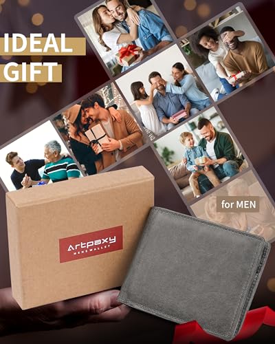 Artpaxy Mens Wallet Bifold Genuine Leather RFID Blocking Wallet for Men with 1 ID Windows 13 Card Holders 2 cash pockets 1 Gift Box - color: Dark Gray