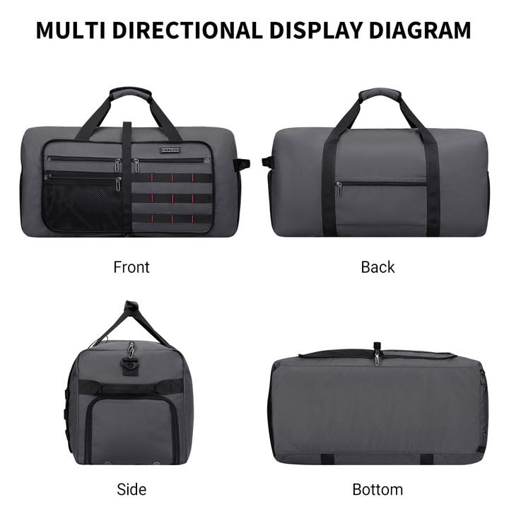 WITZMAN Foldable Duffle Bag for Travel 65L Lightweight Packable Duffel Bag with Shoes Compartment Overnight Bag for Men Women (B697 Silvery Grey) - color: Silvery Grey