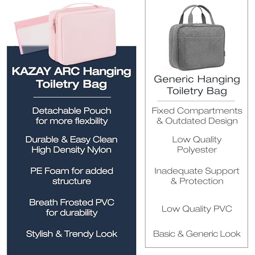 KAZAY Hanging Toiletry Bag with TSA Approved Detachable Pouch, Compact Travel Size Bag, Travel Toiletry Bag, Water Resistant, Premium Nylon, Travel Size Toiletries, Cosmetic Bag Makeup Bag (Pink) - color: Pink
